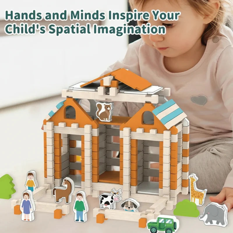 Child looking at an open-front block house with animal figures and a small green vehicle