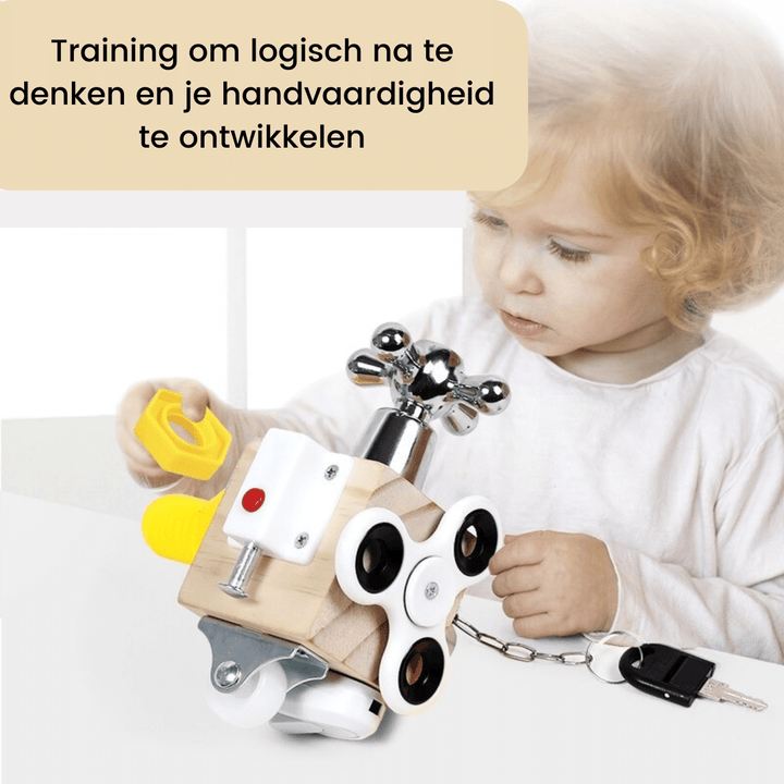 Child exploring a wooden activity cube with a yellow screw, white spinner, and faucet-style handle