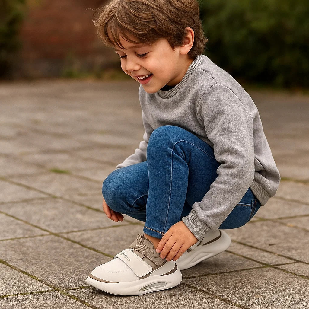 Child fastening a white sneaker while crouching on a paved path