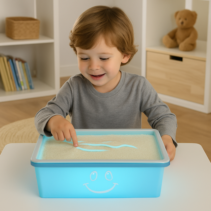 Child tracing a curved line in sand on a blue tabletop drawing board