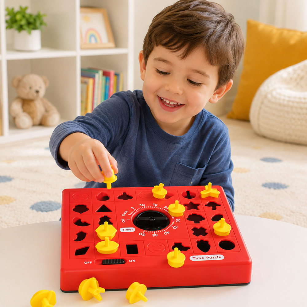 Child fitting a yellow piece into the red shape puzzle board