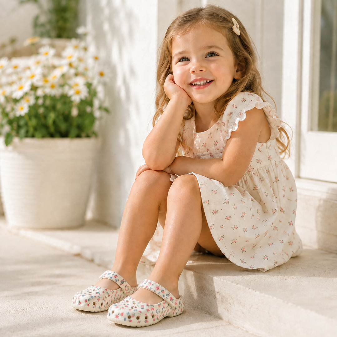 Child wearing floral sandals while sitting on sunlit outdoor steps