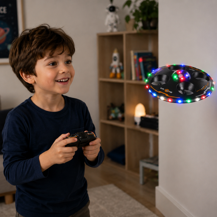 Child using a remote control to fly a black UFO drone with colorful LED lights indoors