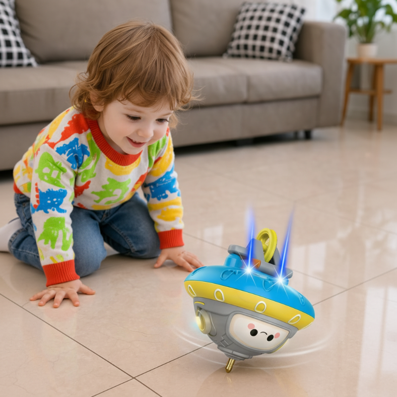 Child watching the UFO balance toy tilt as it spins on a tiled floor.