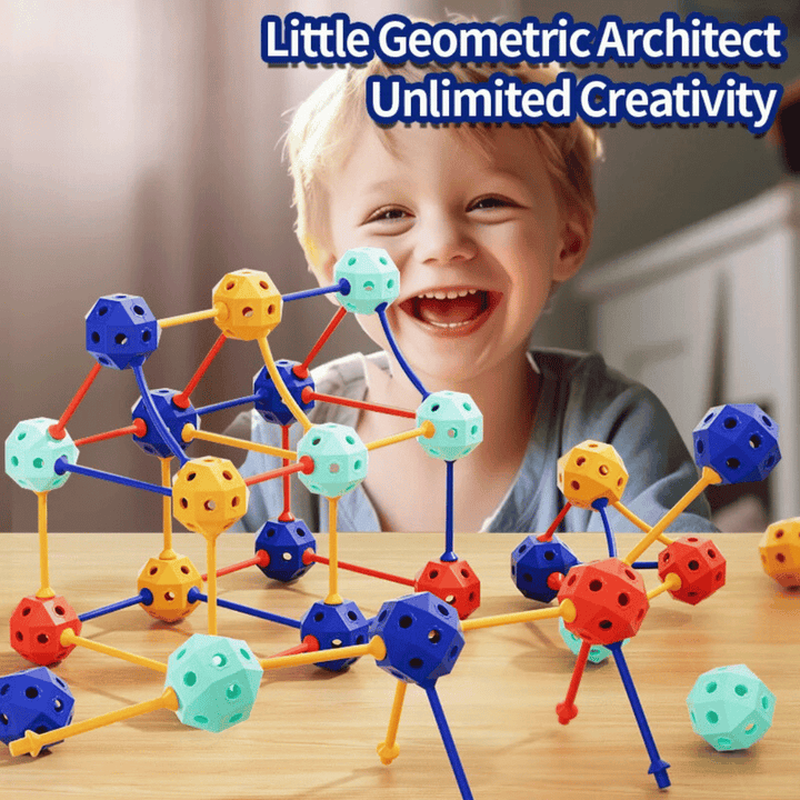 Child behind colorful 3D ball-and-stick structures on a table