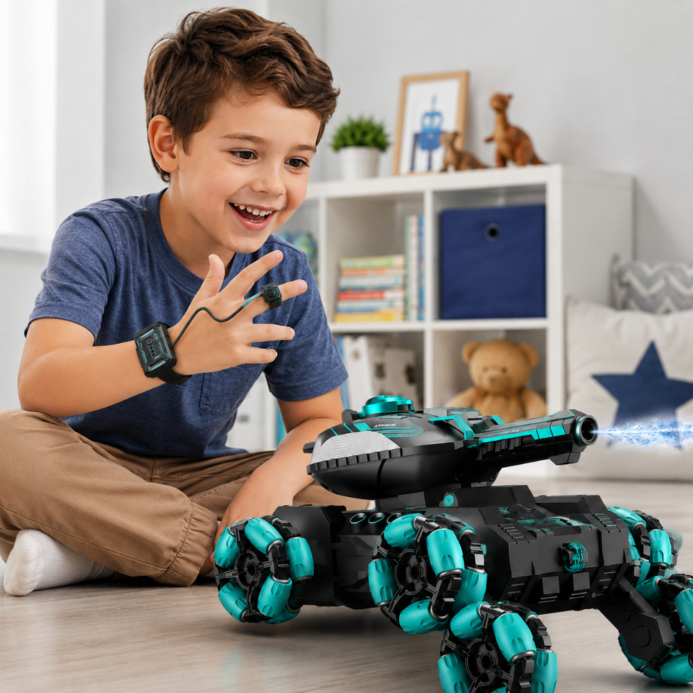Child wearing a wrist gesture controller beside a green six-wheel RC tank truck