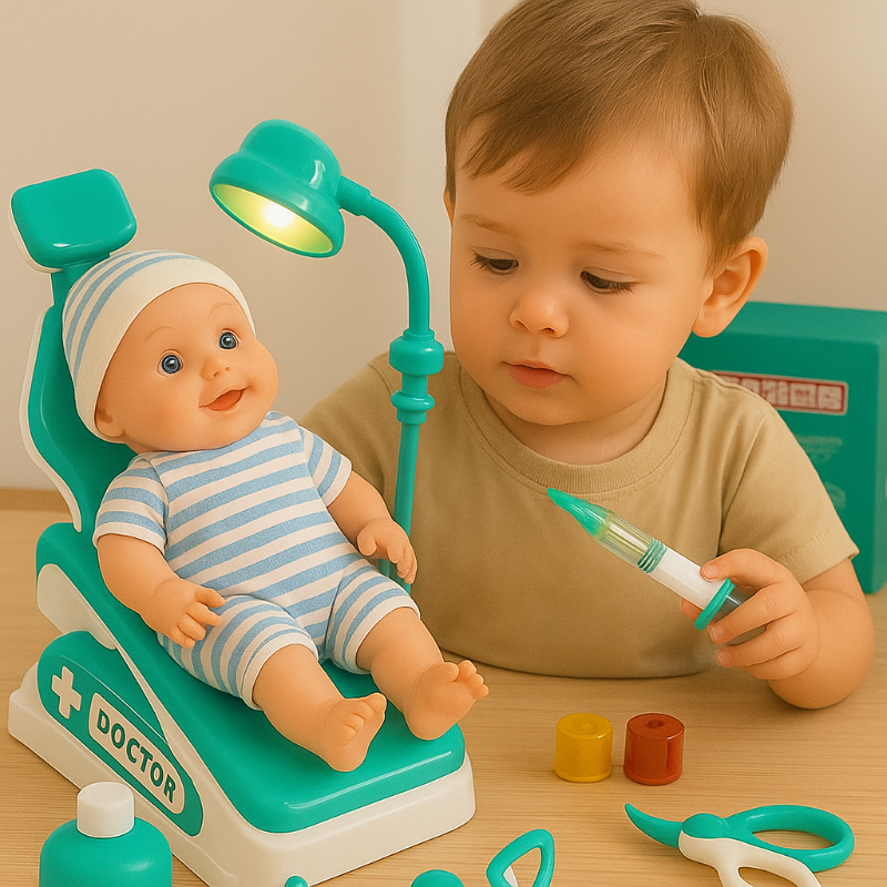 Child giving a doll a pretend checkup in a green dental chair