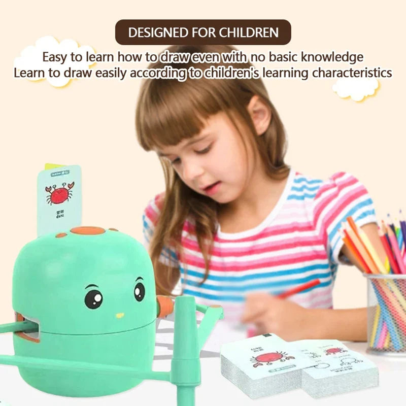 Child drawing beside a green robot with illustrated cards on the table