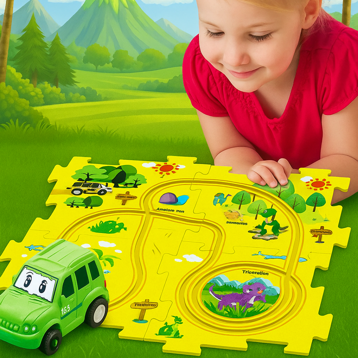 Child playing with a green SUV on a yellow illustrated puzzle track