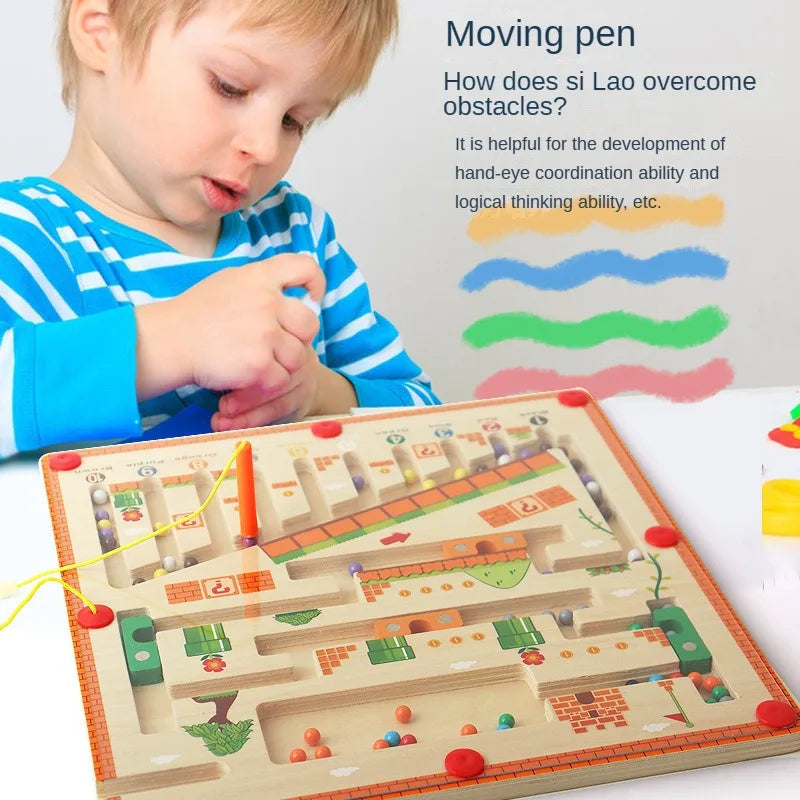 Child using the attached magnetic pen to move beads through the wooden maze
