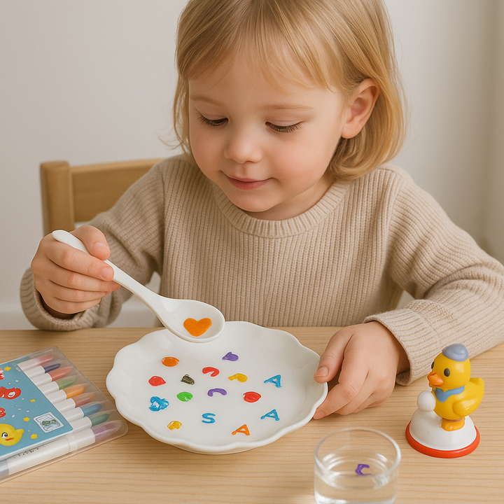 Child holding a ceramic spoon with a heart drawing above a plate of colorful designs