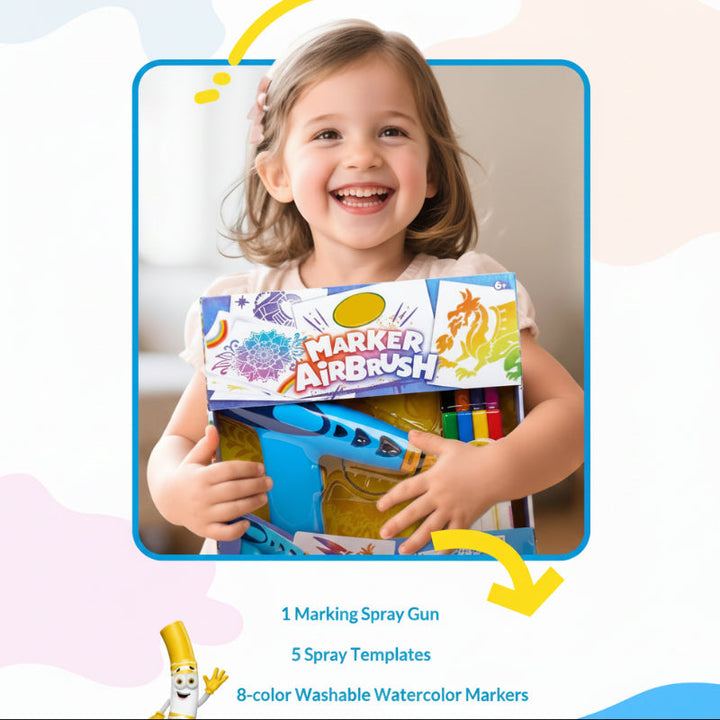 Child holding the boxed marker airbrush kit with a blue spray gun and colored markers