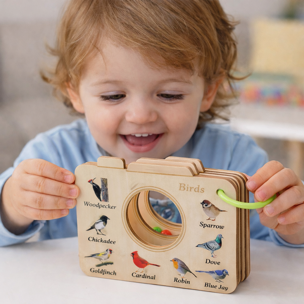 Child holding a bird-themed wooden viewing frame and looking through its central opening