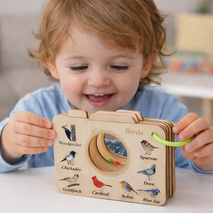 Child holding a bird-themed wooden viewing frame and looking through its central opening