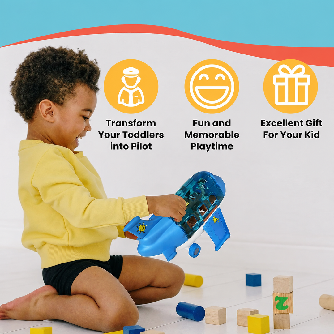 Child holding a blue toy airplane with an open cabin during floor play