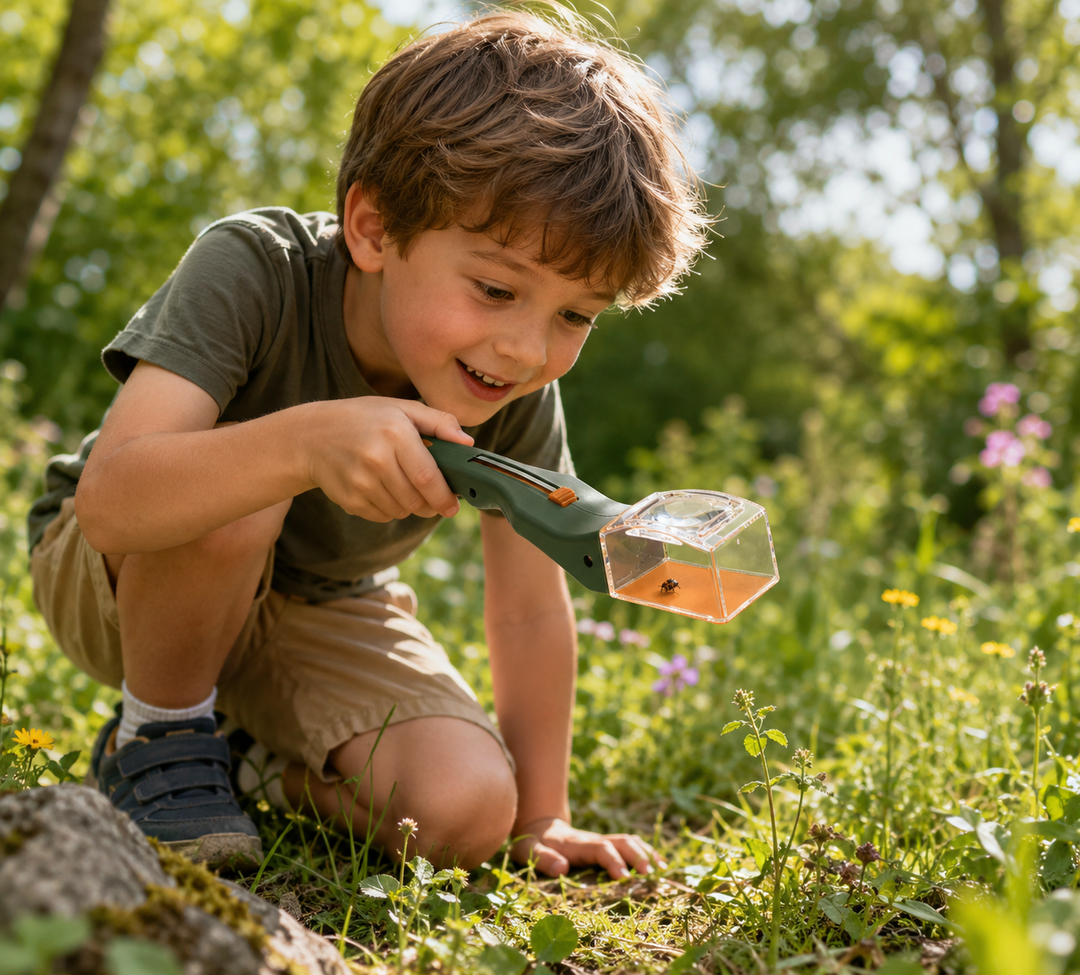 Child kneeling in a garden and looking at a bug catcher held above the grass