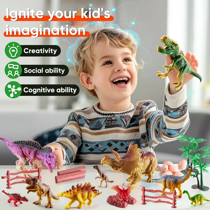 Child holding a dinosaur figure above a play scene with dinosaurs, trees, and fences.