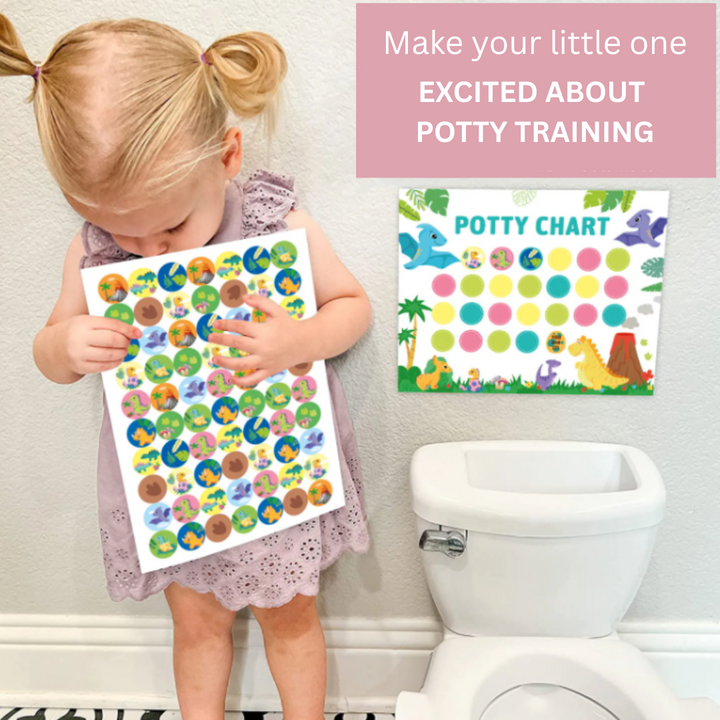 Child holding a dinosaur sticker sheet beside a toilet and wall-mounted potty chart