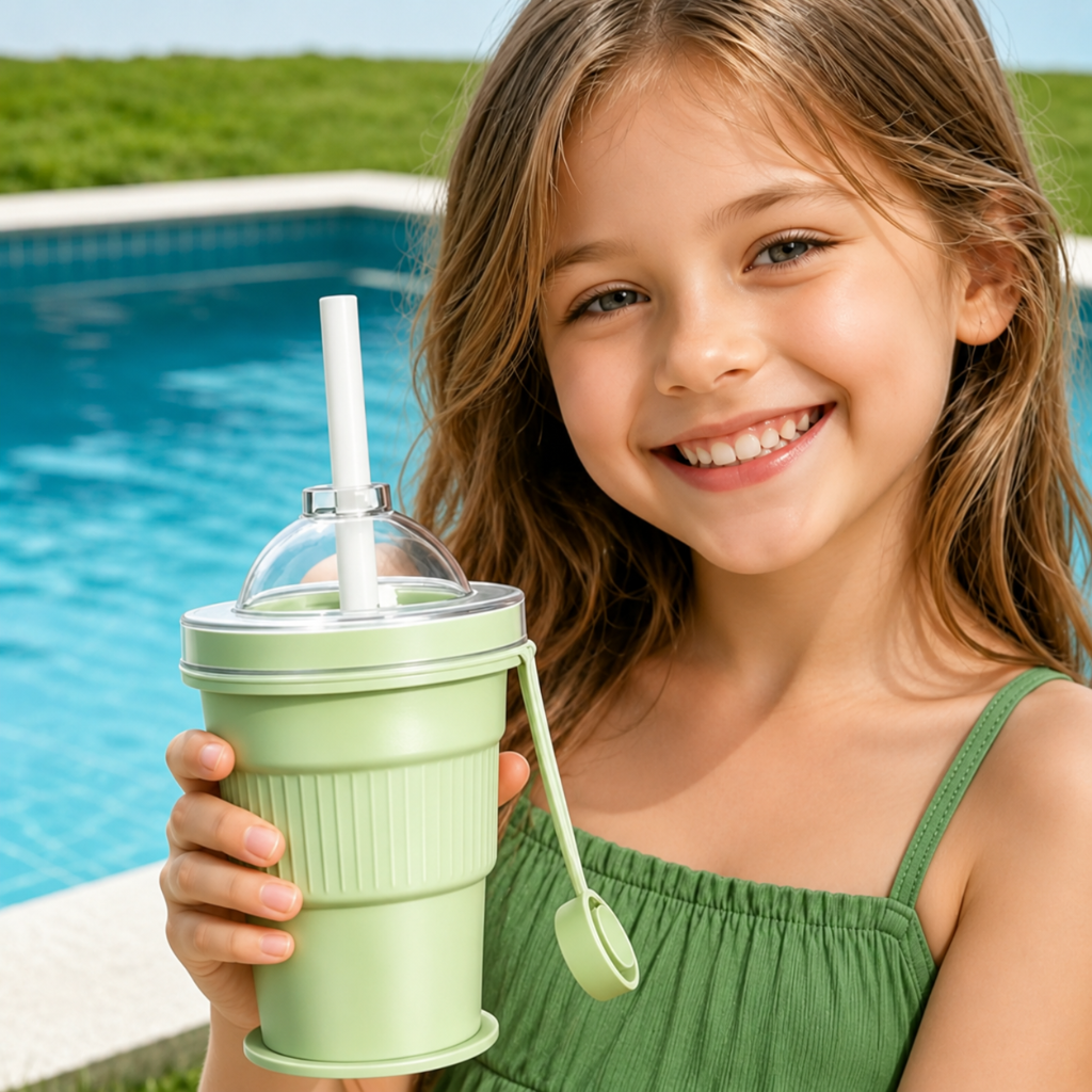 Child holding a green silicone drinking cup with a straw beside a pool