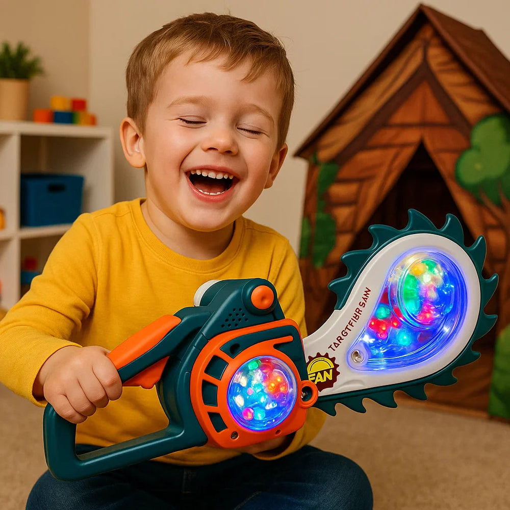 Child holding the green and orange toy saw with its lights glowing
