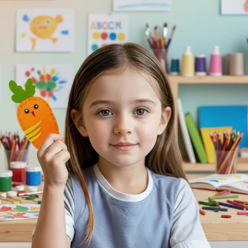 Girl holding a finished orange felt carrot at a craft table