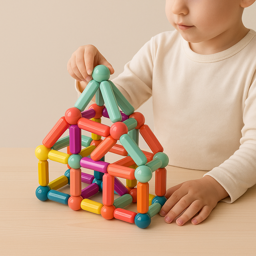 Child holding the roof of a magnetic stick house on a wooden table