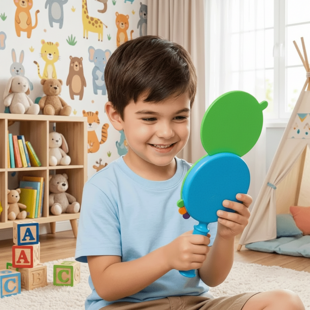 Smiling child holding the blue mirror with a green card flipped upward