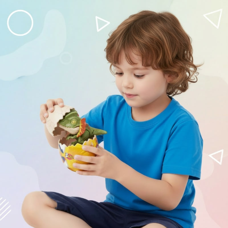 Child holding an opened dinosaur egg toy with the figure visible inside