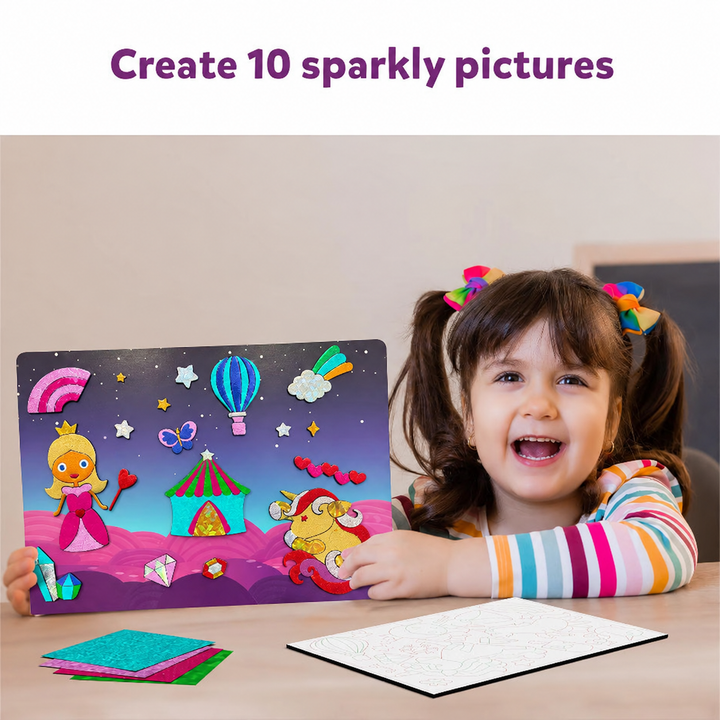 Child holding a foil art picture with a princess, unicorn, rainbow, and hot-air balloon
