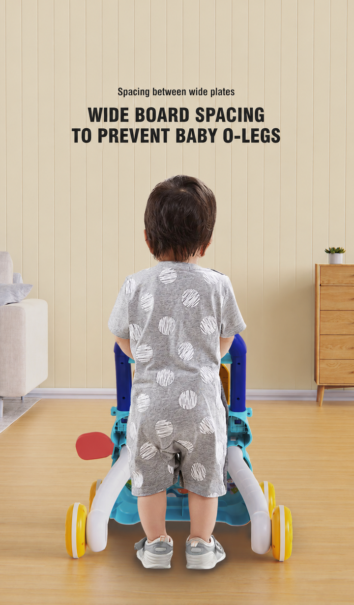 Rear view of a child holding the blue push walker handle