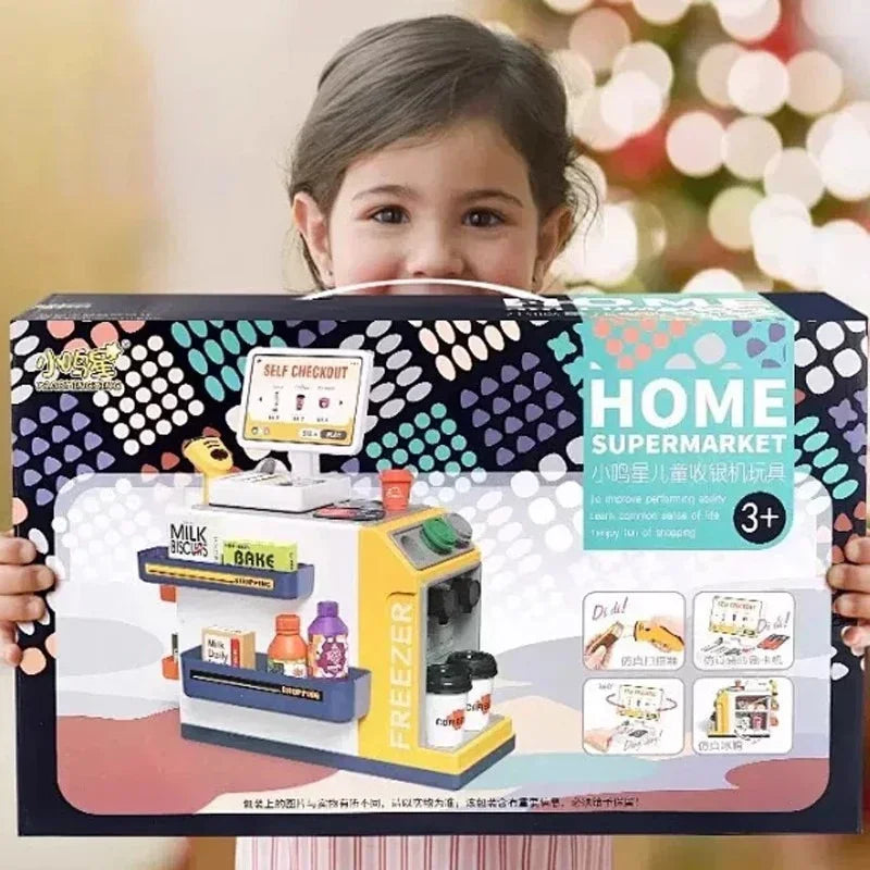 Child holding a colorful toy checkout playset box marked for ages 3 and up