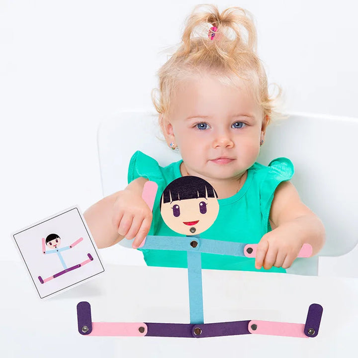 Child holding a colorful poseable figure in a wide-legged pose beside a matching card