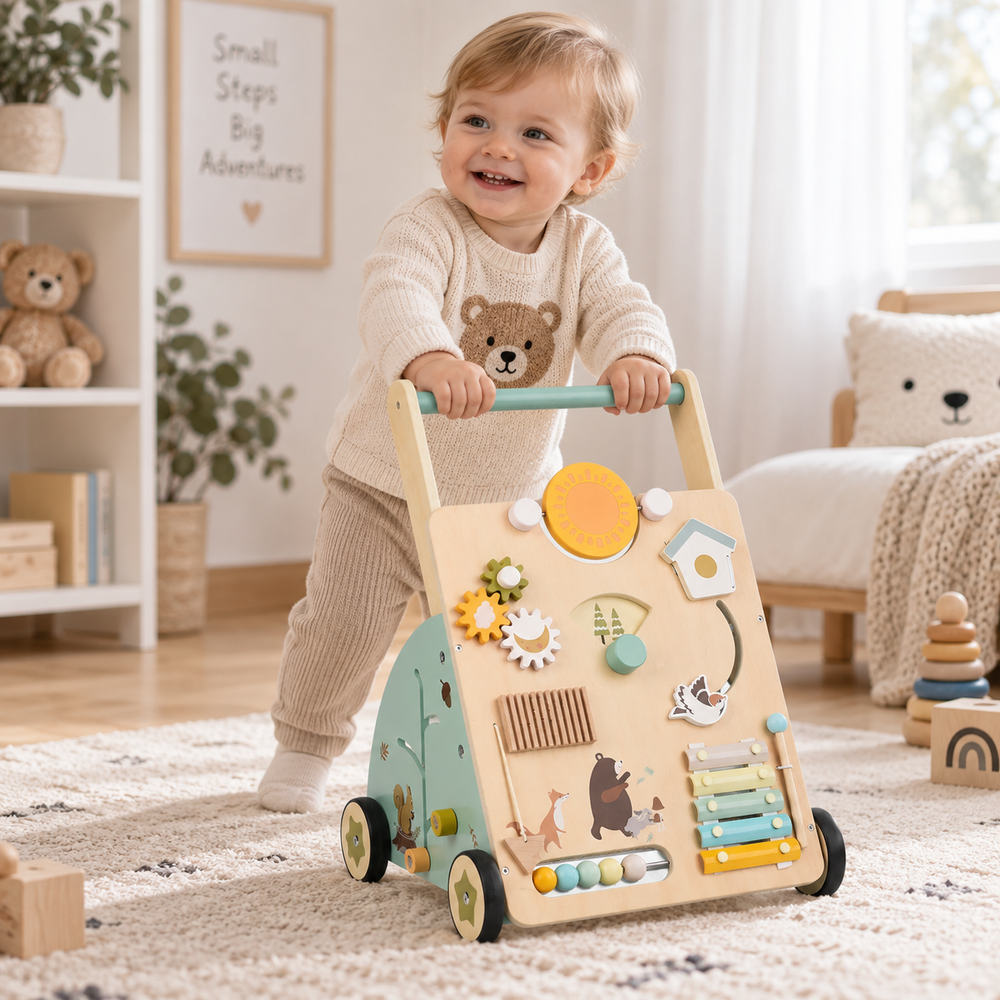 Child standing behind the wooden activity walker and holding its teal handle.