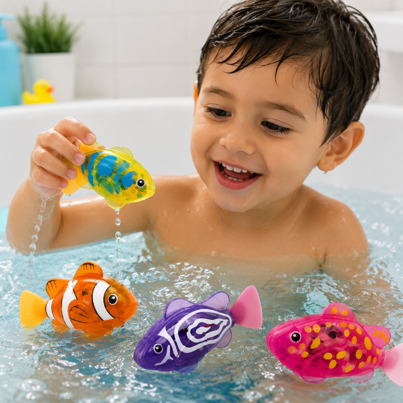Child holding a yellow-and-blue fish bath toy with three other fish designs in the tub