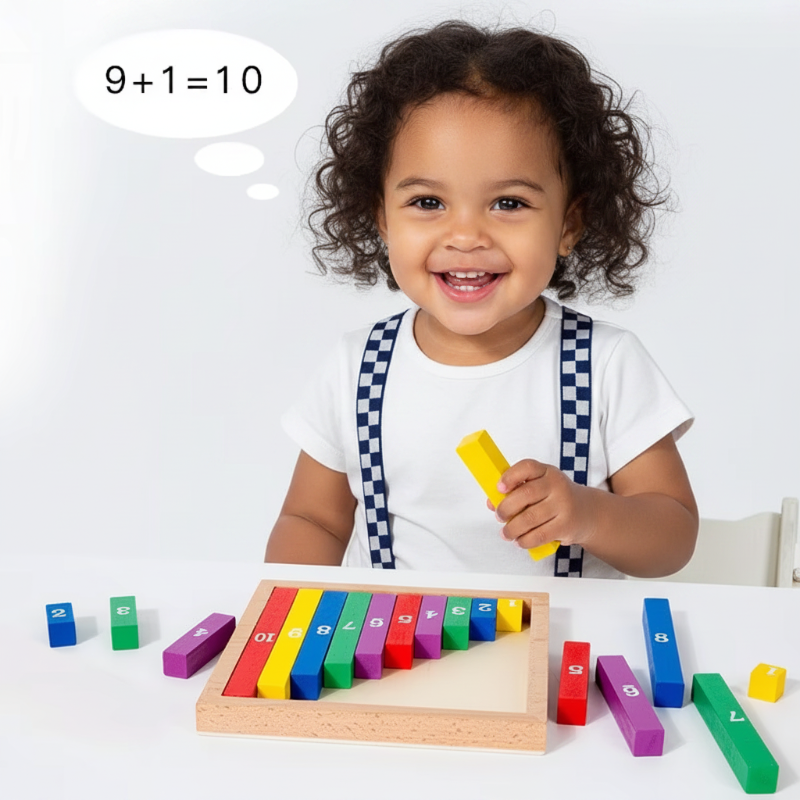 Child holding a yellow number piece beside a wooden math board