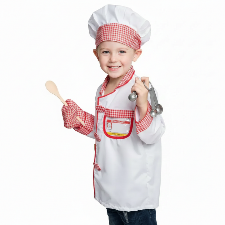 Child in a white chef costume holding a play spoon and measuring spoons.