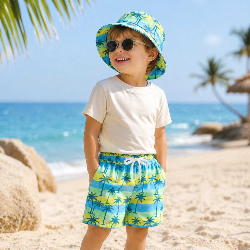 Child wearing palm-print swim trunks and a matching bucket hat at the beach