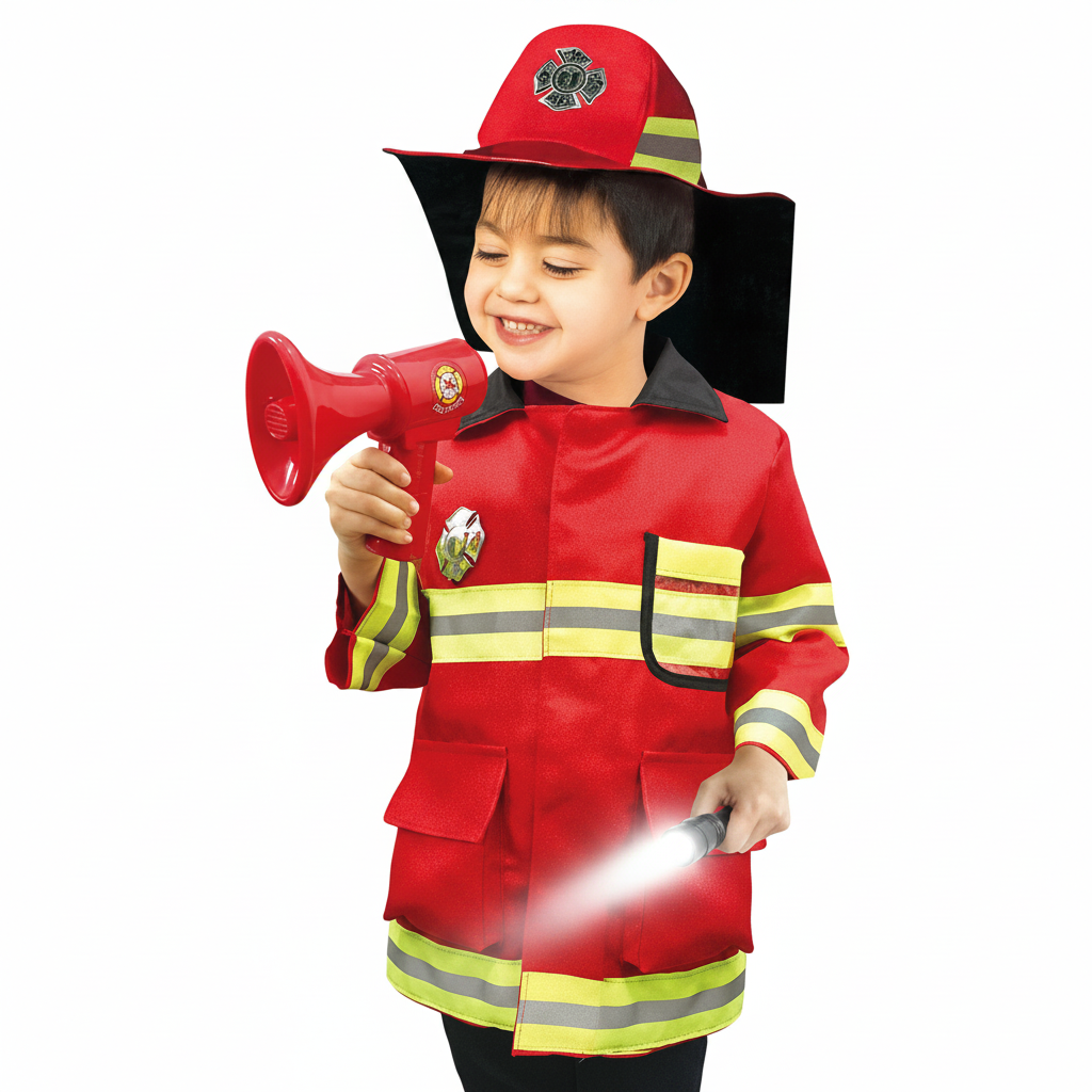 Child wearing a red firefighter jacket and hat while holding a toy megaphone and flashlight.
