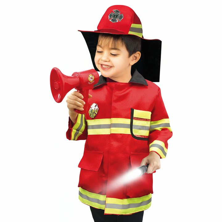Child wearing a red firefighter jacket and hat while holding a toy megaphone and flashlight.