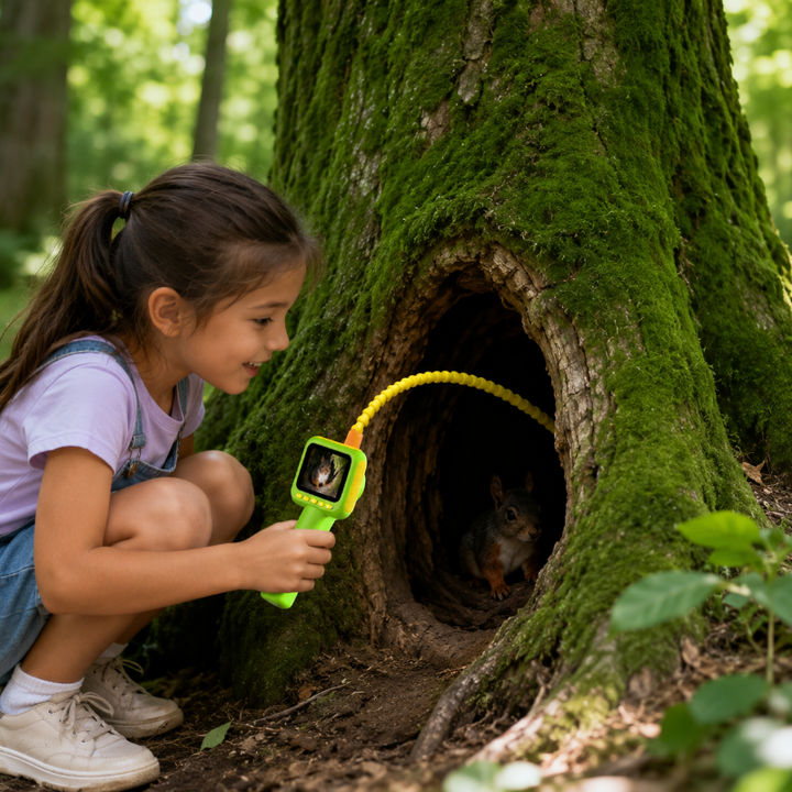Child using a green inspection camera to look inside a hollow tree