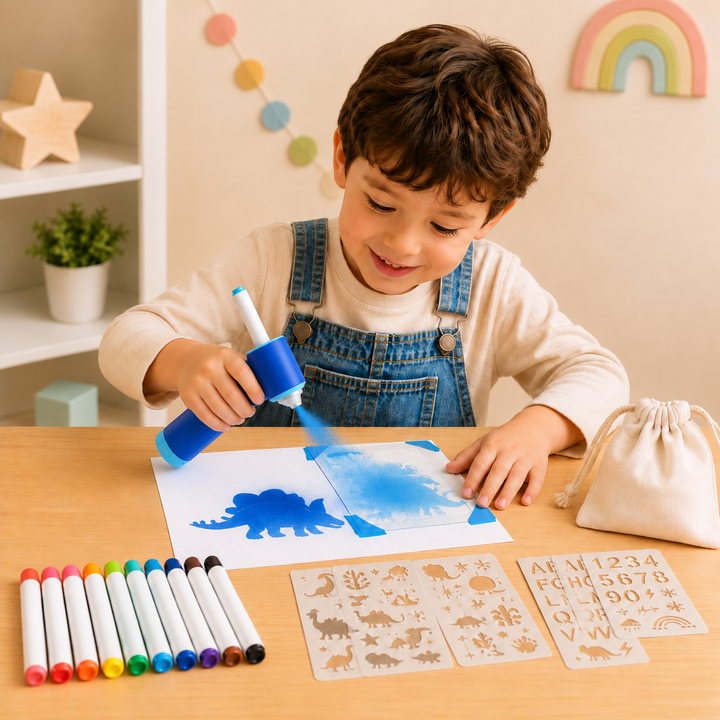 Child using a blue airbrush tool to color a dinosaur design beside markers and stencils
