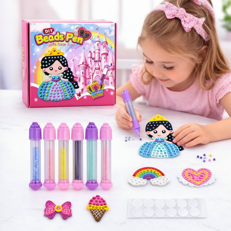 Child placing beads on a princess design with colorful applicator pens and assorted craft shapes