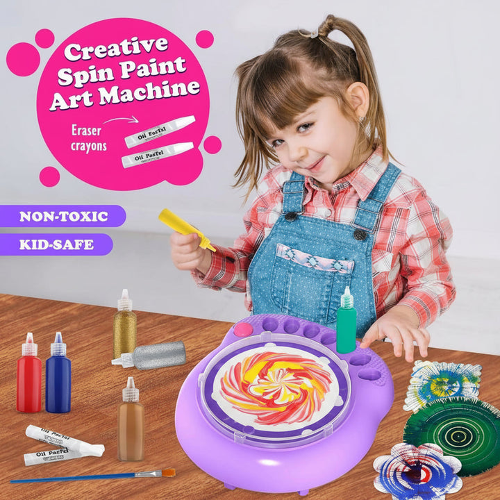 Child adding yellow paint to swirling artwork on the purple spin painting machine