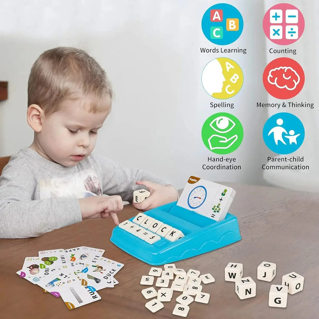 Child arranging letter cubes to spell clock, with picture cards and number blocks on the table.