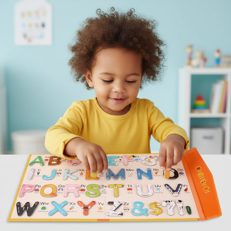 Child in a yellow shirt matching magnetic letters on the alphabet board