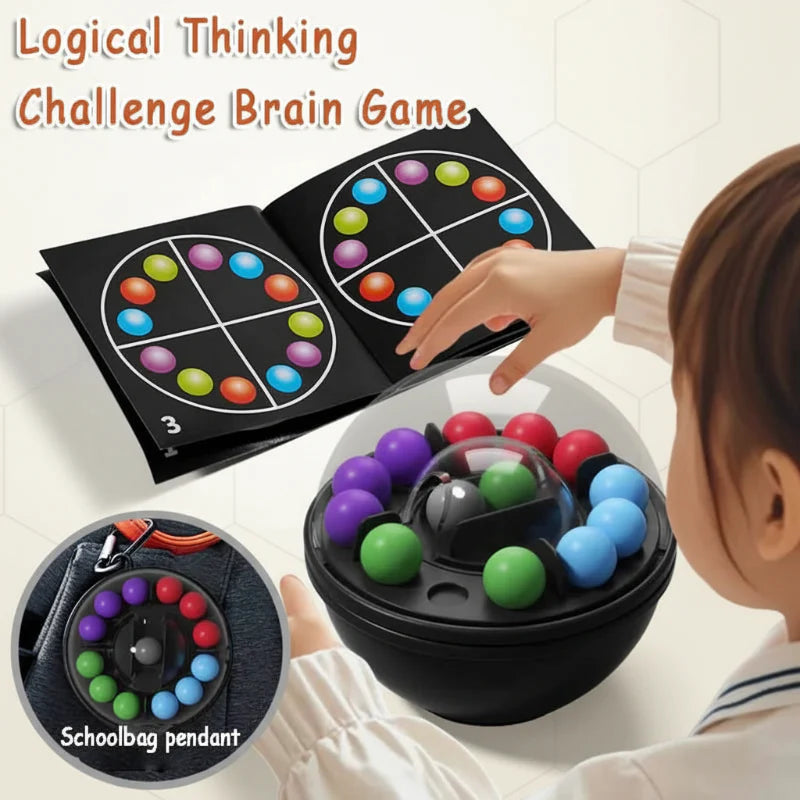 Child comparing the colored beads on a puzzle ball with patterns in the booklet