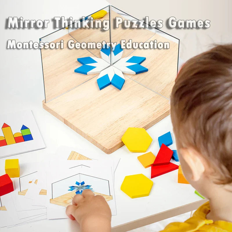 Child matching a blue-and-white block pattern to a card beside the mirrored wooden base.