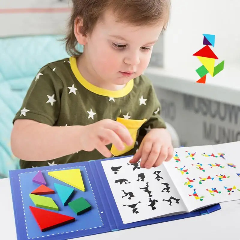 Child arranging colored tangram pieces beside an illustrated pattern guide