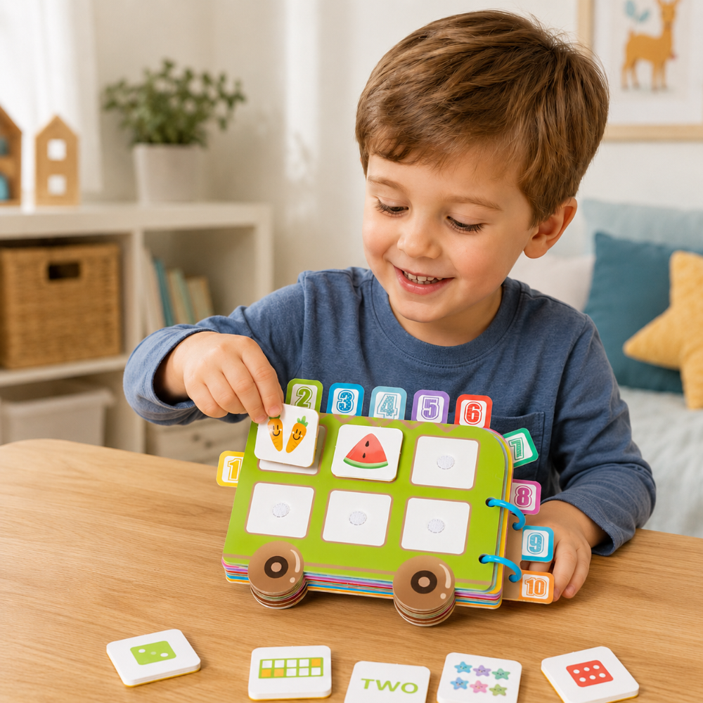Child placing a counting tile on the green number-two page of the activity book.
