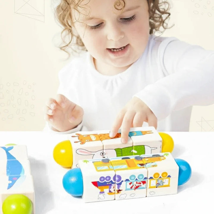 Child matching animal pictures on a yellow-ended wooden rotating puzzle
